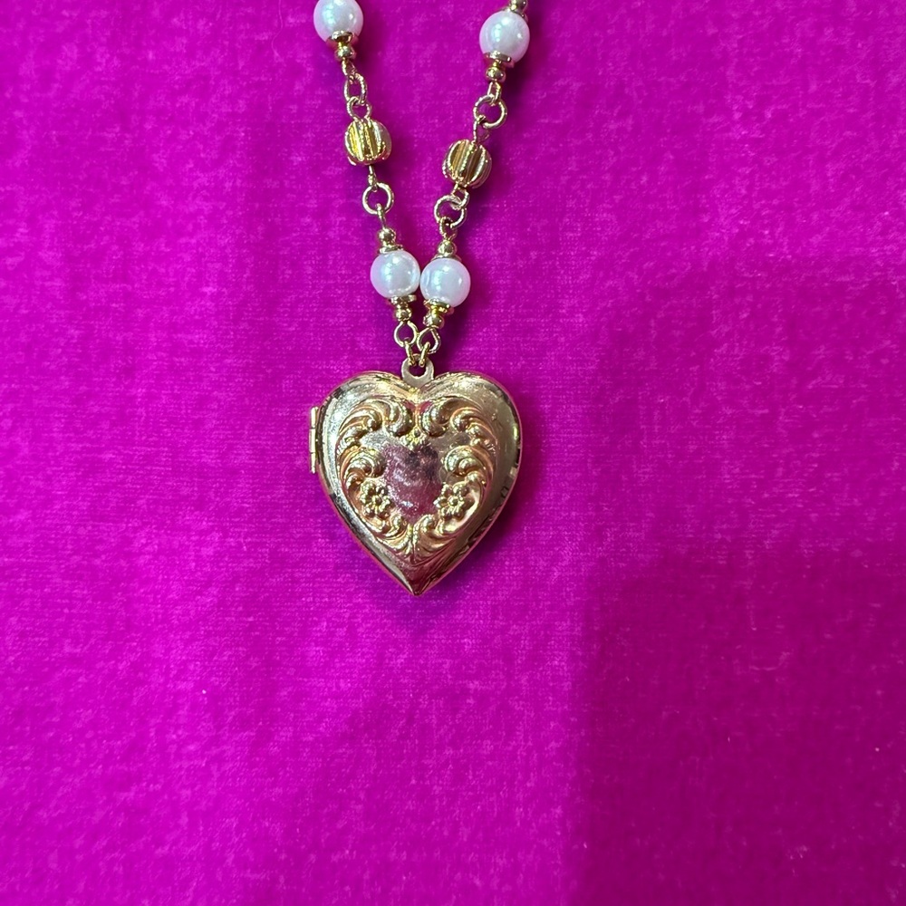 Kirks Folly Vintage Gold Heart Locket Necklace with Pearl Accents -32”
